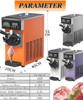 Heavy Duty Single Flavor Commercial Soft Serve Ice Cream Maker 450W with a cone of soft serve in front, showcasing sleek design and dimensions.