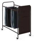 Four Wheel Pants Rack With 30 Hangers And Built In Oxford Bag For Small Items, bronze finish, holding jeans and trousers, side view.