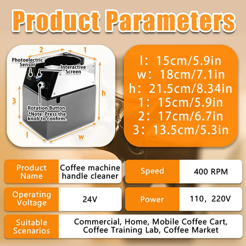Heavy Duty Automatic Espresso Puck Shooter And Portafilter Cleaner With 58mm Compatibility proximity safety stop dimensions and specs.