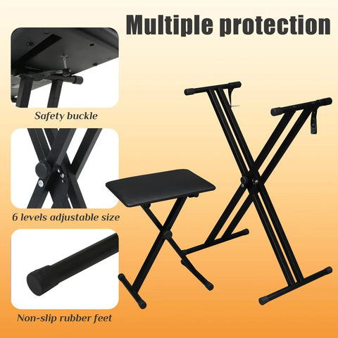 Double X Keyboard Stand And Bench Set For Digital Pianos With Adjustable Height And Lockable Straps, steel construction
