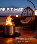Round Fire Pit Mat For Outdoor Hangouts, Fireproof, Waterproof Spark Shield protecting wooden deck at night.