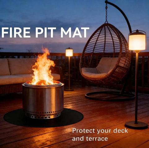 Round Fire Pit Mat For Outdoor Hangouts, Fireproof, Waterproof Spark Shield protecting wooden deck at night.