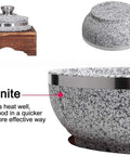 Heavy Duty Granite Stone Bowl With Wood Base And Lid, 7 Inch Diameter, Detail View, Ideal For Korean Cuisine, Retains Heat