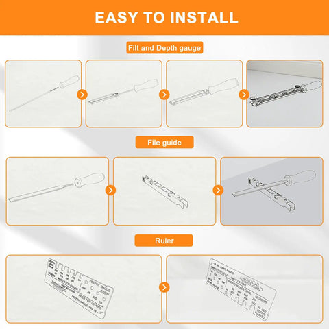 Illustration showing the Pro Grade Chainsaw Sharpening Kit with ten file options and installation instructions for easy use.