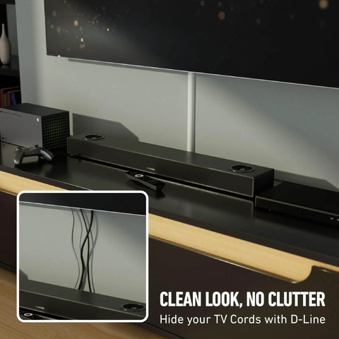 Quick Fix On Wall Cable Raceway And Surface Mount Wire Cover For Slick Home Organization Featuring No Fuss Peel And Stick Installation In Paintable White concealing TV cords below a wall-mounted TV in a clean living room setup.