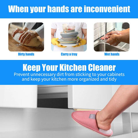 Trash Cabinet Foot Pull Hands Free Foot Pedal Opener in use with toe, showing clean touchless access to kitchen cabinets and drawers