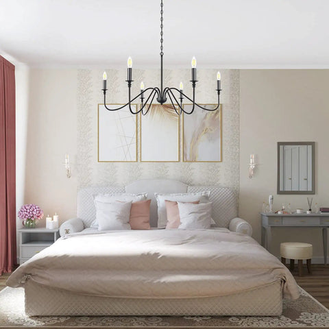 Six Light Farmhouse Chandelier Matte Black Classic Candle Ceiling Fixture For Dining Room Living Room Kitchen Island Bedroom Foyer Rustic Pendant Lighting 35 Inch Diameter above bed