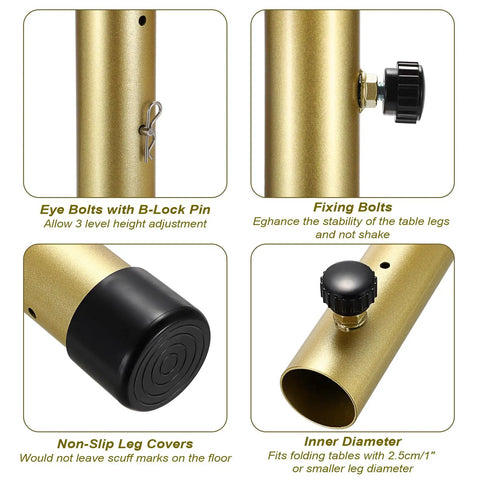 Heavy Duty Table Leg Extenders For Folding Tables No Sweat Adjustable Furniture Risers Rock Solid Height Boosters showing eye bolts, fixing bolts, and non-slip covers.