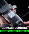 Close-up of 120V Corded Brushless Rotary Polisher with 11-speed control dial and easy grip for pro car detailing.