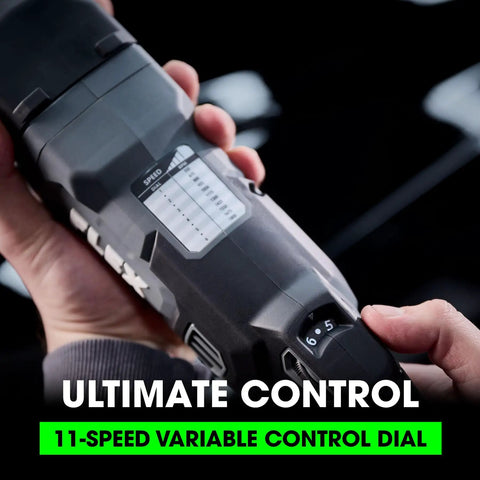 Close-up of 120V Corded Brushless Rotary Polisher with 11-speed control dial and easy grip for pro car detailing.