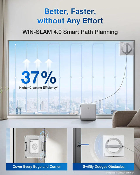 Winbot W2 Pro Omni Window Cleaning Robot With All In One Multi Functional Station shown on large glass window