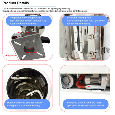 Heavy Duty All In One Plastic Granule Dehumidifier Dryer With 55 Lbs Capacity, internal mechanics, showing stainless steel contact parts