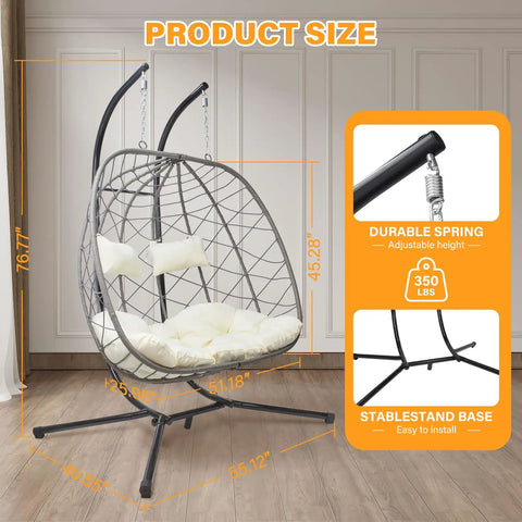 Two Person Outdoor Egg Swing Chair With Stand For Patio Garden Or Balcony Cushioned Wicker Hammock Chair Weather Resistant And Sturdy Dual Hooks Perfect For Chillaxing Together On A Sunny Day, dimensions labeled with durable frame details.