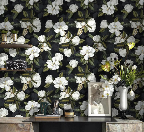 Peel And Stick Gardenia Floral Wallpaper Removable Vinyl Self Adhesive Mural Black White Green 17.7in By 32.8ft Roll Easy Install