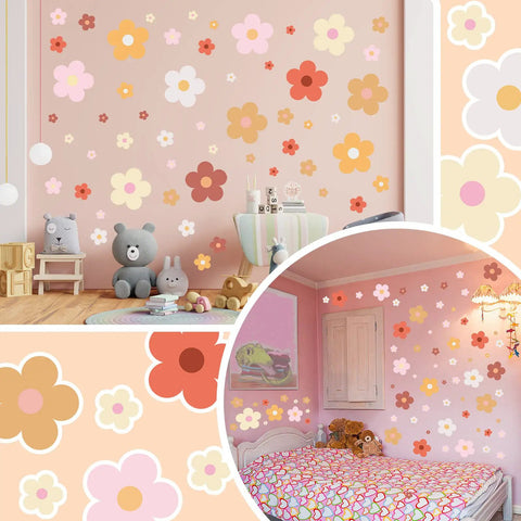 128 Pcs Colorful Flower Wall Sticker Set With Groovy Retro Hippie Vibe Boho Daisy Decals In Three Sizes on pink nursery wall.