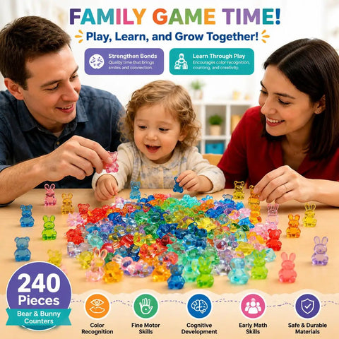 Totally Awesome Math Counting Bears And Bunnies Educational Counter Toy Set Features Two Hundred Forty Durable Plastic Animal Figures for learning.