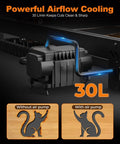 Close-up of 36W Laser Engraver with built-in 30L air pump for vibration-free cuts, showing airflow cooling and engraving examples.