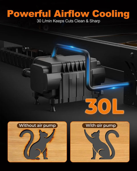 Close-up of 36W Laser Engraver with built-in 30L air pump for vibration-free cuts, showing airflow cooling and engraving examples.