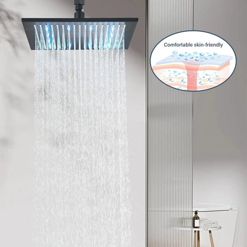 12 Inch Black Square LED Rain Shower Head With Brass Overhead Spray For Bathroom, Large Square Design With Temperature Sensing LED