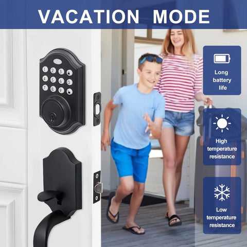Keyless Front Door Lock Set With Keypad Deadbolt Silver Finish Single Cylinder Handle Set With Curved Handle Hands Free Entry No Key Fumbles Using 4 to 8 Digit Code Durable Metal Construction And Easy Installation shown on door with family entering