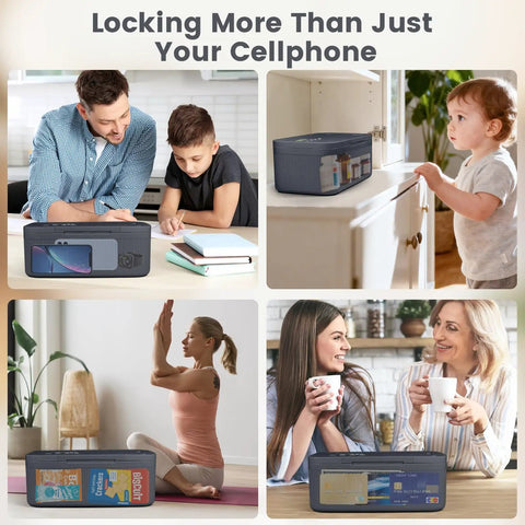 Heavy Duty Timed Lock Box That Slaps Your Phone Up for 30 Days Max Phone Jail with 2-In-1 Quick Lock and Countdown Modes on a kitchen counter.