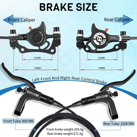 Bucklos MTB hydraulic disc brake set; left-front 800mm and right-rear 1500mm hoses; aluminum alloy levers with calipers.