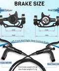 Diagram of Hydraulic Disc Brake Set for Mountain Bikes with cable measurements, aluminum levers, and calipers.