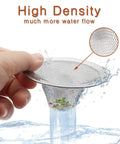 Person holding 2Pcs Heavy Duty Stainless Steel Slop Basket Filter Trap Set 2.75 Inch Top 1 Inch Mesh Sink Strainer over water flow