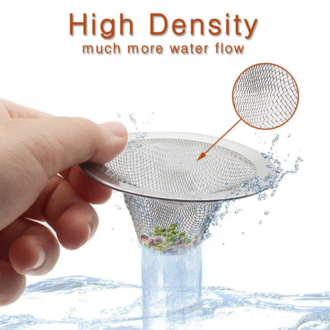 Person holding 2Pcs Heavy Duty Stainless Steel Slop Basket Filter Trap Set 2.75 Inch Top 1 Inch Mesh Sink Strainer over water flow