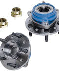 Front Wheel Bearing And Hub Assembly 4 Piece Set With ABS Sensor And CV Spindle Nuts, 5 Lug, visible components and hardware
