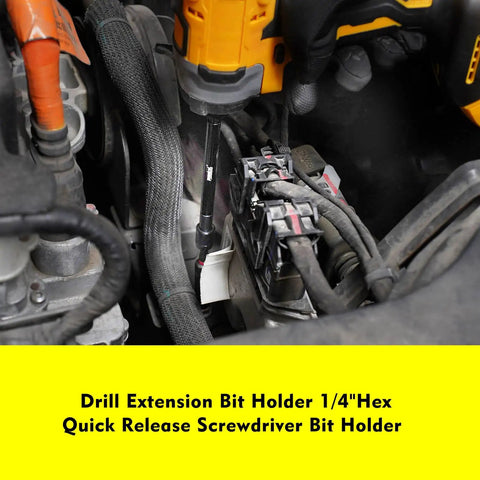 Drill in use with magnetic impact nut driver set in automotive repair application, featuring power bits and extensions.