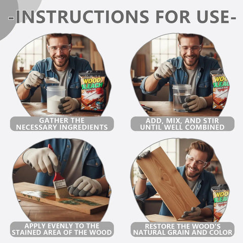 Pro Level Oxalic Acid Wood Bleach One Pound Powder Blend for Knocking Out Stubborn Stains, showing mixing instructions for use.