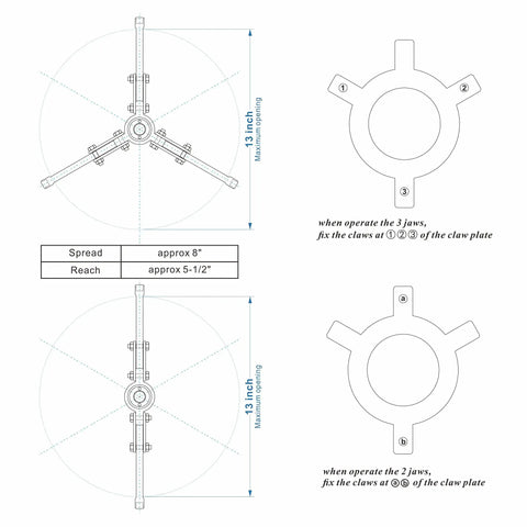 Diagram showing dimensions and claw plate setup of 5 Ton Hydraulic Gear Puller With Wheel Bearing Separator 3 In 1 Pump And Oil Tube Drawing Machine In Case Portable Heavy Duty Auto Shop Tool For Vertical Or Horizontal Use With Adjustable Jaws Max Spread 200mm And 50mm Stroke