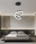 Two Ring Modern LED Chandelier In Black, Sleek Contemporary Ceiling Pendant Light For Staircase, Foyer, High Ceilings Or Living Room over a bed