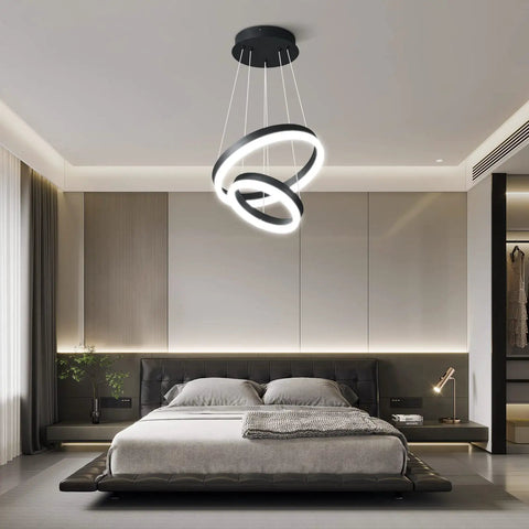 Two Ring Modern LED Chandelier In Black, Sleek Contemporary Ceiling Pendant Light For Staircase, Foyer, High Ceilings Or Living Room over a bed