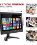 10.1 Inch IPS CCTV Monitor With HDMI AV VGA BNC inputs displayed with scenarios for home, office, and store use.
