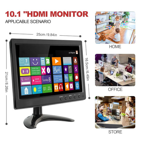 10.1 inch HDMI monitor with remote, showing vibrant icons and versatile setup scenarios for home, office, and store use.