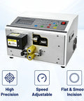 Sciolix Automatic Heat Shrink Tube Cutter Machine With Digital Length Setting And Precision Cutting Head For Stable Consistency From Zero To Nine Thousand Nine Hundred Ninety Nine Point Nine Millimeters One Hundred Ten Volt Power Supply with control panel and cutting mechanism.