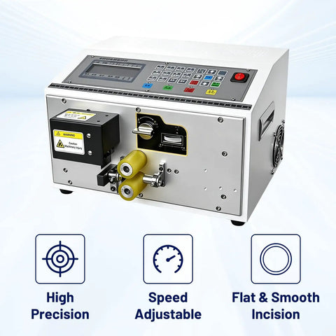 Sciolix Automatic Heat Shrink Tube Cutter Machine With Digital Length Setting And Precision Cutting Head For Stable Consistency From Zero To Nine Thousand Nine Hundred Ninety Nine Point Nine Millimeters One Hundred Ten Volt Power Supply with control panel and cutting mechanism.