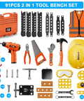 Two In One Kids Tool Workbench Set With Realistic Drill And 91 Piece Tool Accessories, Construction Vest, Toy Tools Displayed