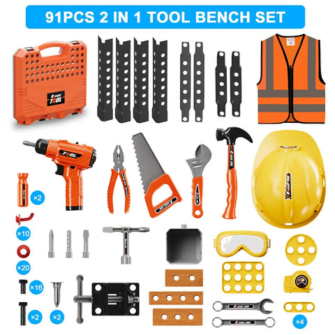 Two In One Kids Tool Workbench Set With Realistic Drill And 91 Piece Tool Accessories, Construction Vest, Toy Tools Displayed