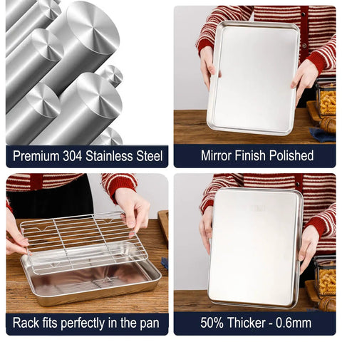 Small Stainless Steel Serving Trays With Cooling Wire Racks Set 304 Grade, Mini Baking Pans 9.3 By 6.9 Inches, Dishwasher Safe