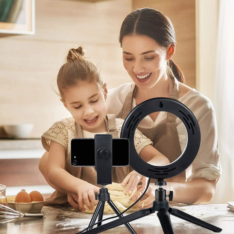 6 Inch Ring Light With Tripod Stand For Desk Use Perfect For YouTube Vids, Makeup Tutorials And Selfies shown in kitchen