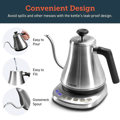 Cosori Gooseneck Electric Kettle 0.8 Liters Silver Precision Pour Over Coffee And Tea Maker With Keep Warm Feature For Barista Quality Brews Daily on countertop with easy pour spout.
