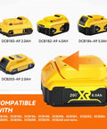 Five yellow battery adapters, labeled DCB183 to DCB184, compatible with 20V Battery Adapter With 12AWG Wire Harness And 40A Fuse For Peg-Perego Ride-On Cars Converts To Use Standard SLA Or Lithium Batteries Safe Durable Easy Install