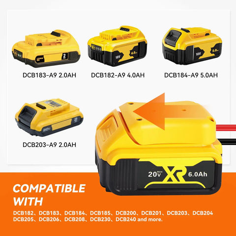 Five yellow battery adapters, labeled DCB183 to DCB184, compatible with 20V Battery Adapter With 12AWG Wire Harness And 40A Fuse For Peg-Perego Ride-On Cars Converts To Use Standard SLA Or Lithium Batteries Safe Durable Easy Install