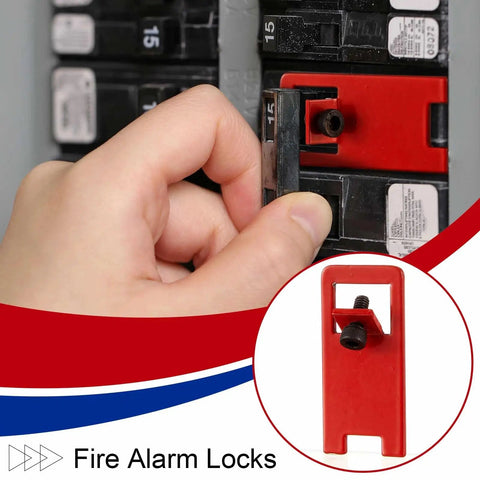 Hand installing red lockout device on circuit breaker with fire alarm lock, part of 20 Pack Red Lockout Kit For Electrical Safety.