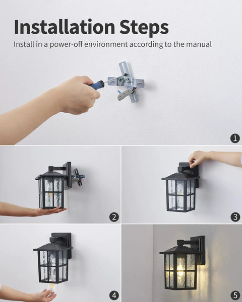Installation steps for Black Outdoor Wall Lights Set Waterproof Patio Sconces Crafted From Rust Resistant Die Cast Metal.