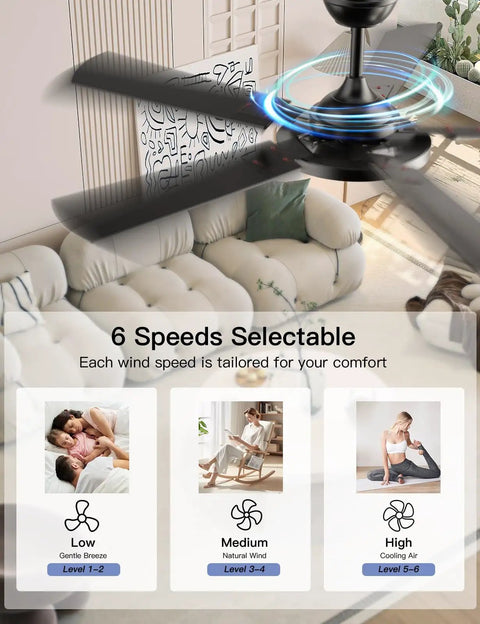 Smart 52 Inch Ceiling Fan With Lights Remote And App Control Dimmable 3CCT Color Temperature Quiet DC Motor above a sofa