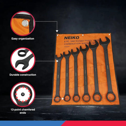 Heavy Duty Wrench Set Six Piece SAE 12 Point Combination Box Ends Drop Forged Heat Treated Carbon Steel Black Oxide Finish